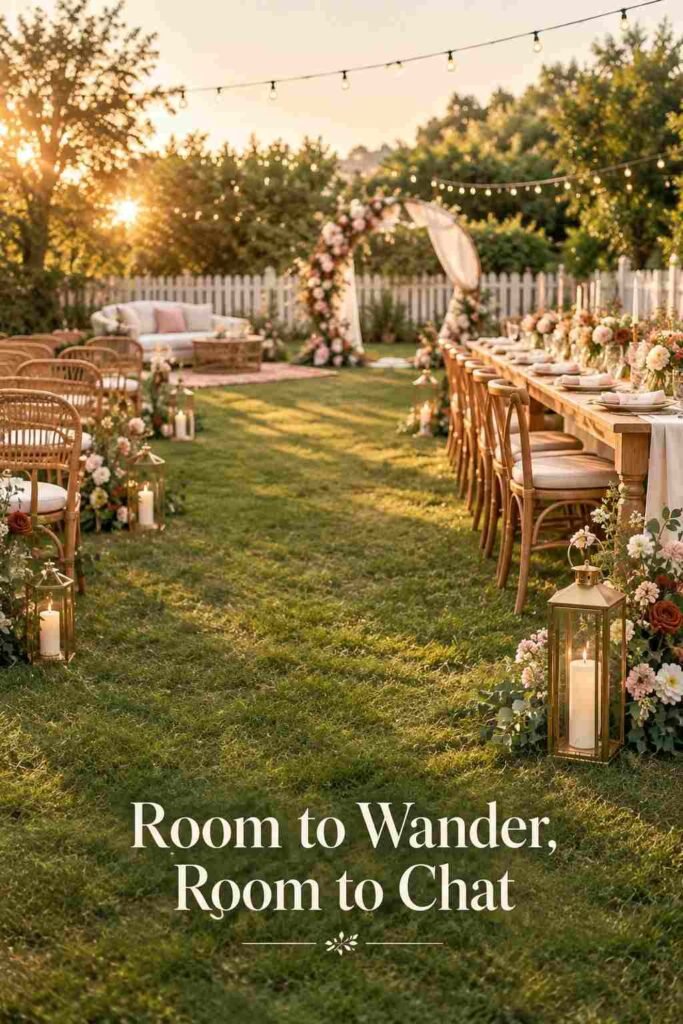 Open grass path between rattan chairs and a farm table, with a brass lantern in the foreground and a sofa corner blurred beyond.