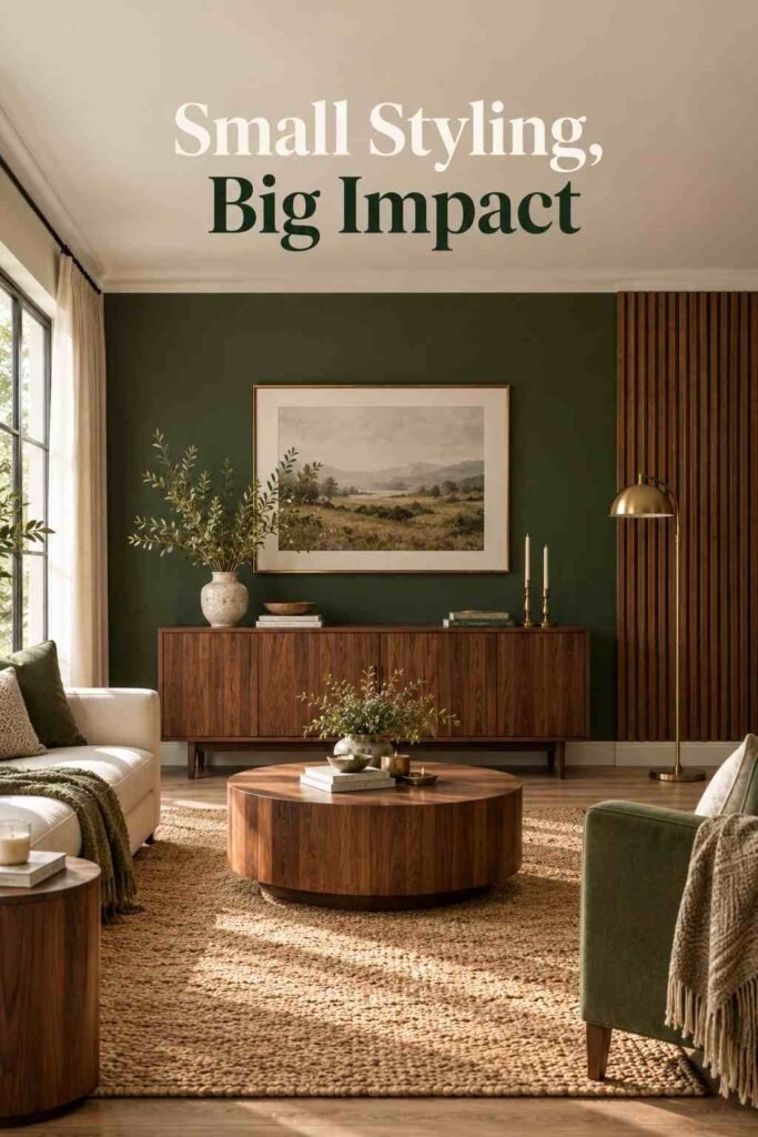 Walnut console table styled with a vase and books against a green accent wall.