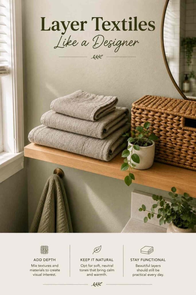 Apartment Bathroom Decor Ideas to Turn a Rental Into a Stylish Retreat 4 Folded greige linen towels layered with a woven basket on a light oak bathroom shelf.
