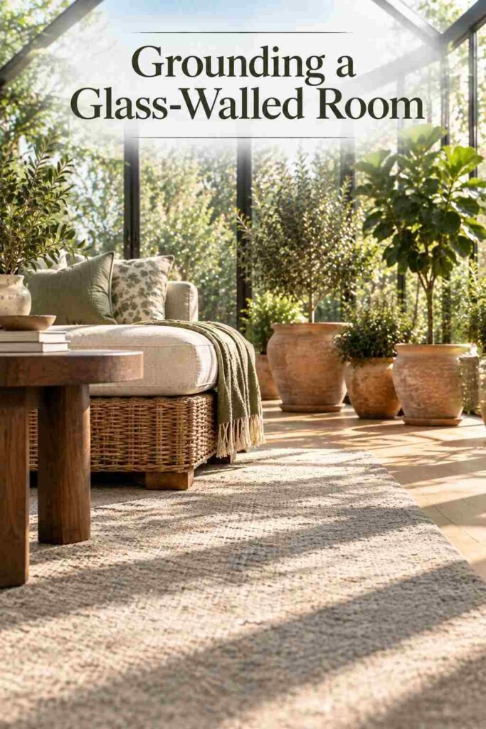 Textured soft-grey area rug crossed by window-frame shadows, walnut table legs at the edge of frame.