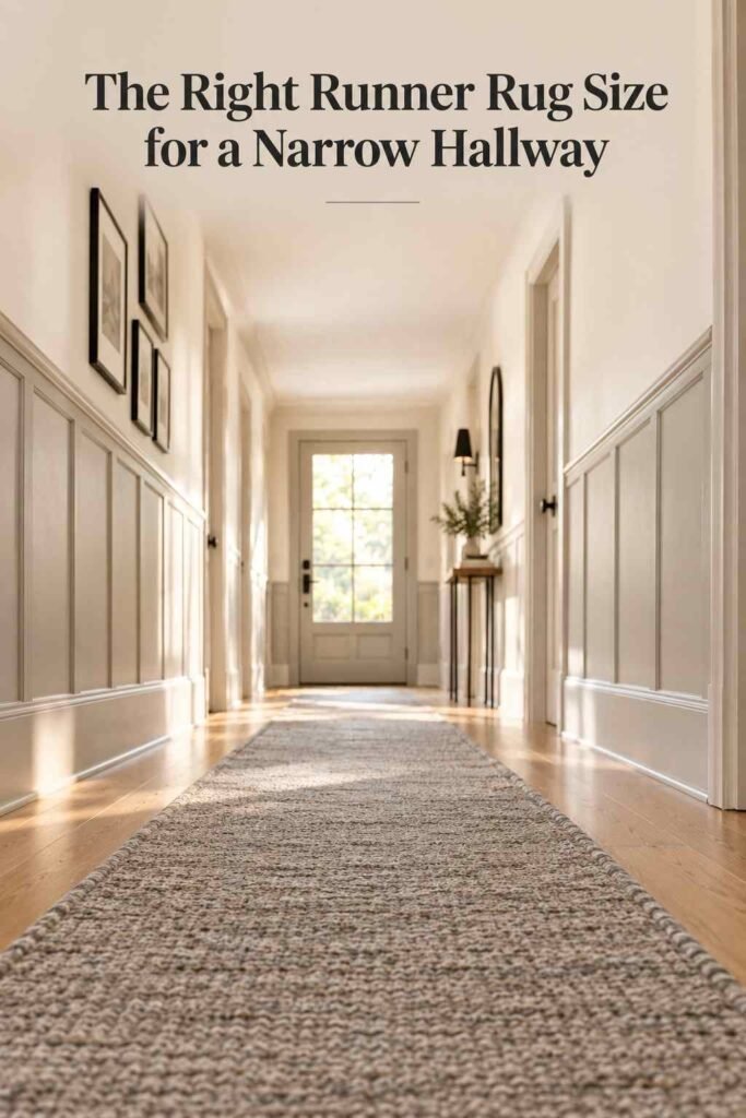 Narrow Hallway Ideas That Make a Tight Corridor Feel Wider, Brighter, and Full of Character 6 Low-pile grey wool runner rug laid over a blonde wood floor in a narrow hallway, leading toward a sunlit doorway.