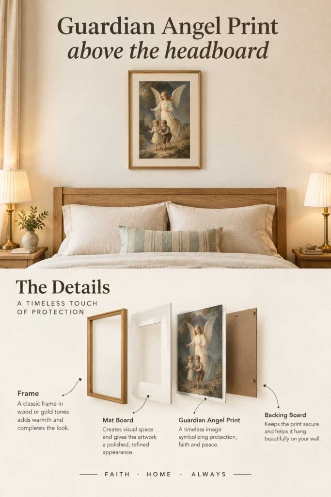 Minimal Catholic Home Decor Ideas for a Peaceful, Faith-Centered Home 7 Guardian angel print framed above a wooden headboard in a minimalist Catholic bedroom.