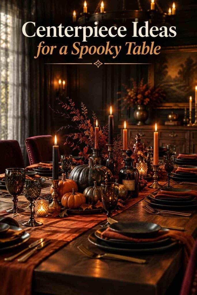 Graduated pumpkins and small labeled glass bottles arranged as a dining table centerpiece.