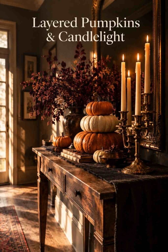 Spooky Halloween Entryway Decor Ideas for a Hauntingly Beautiful Front Entrance 7 Wood console table styled with stacked white and orange pumpkins, a gold candelabra, and dried foliage for a Halloween entryway.