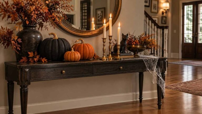 Gothic Halloween decor for entry table with pumpkins, candles