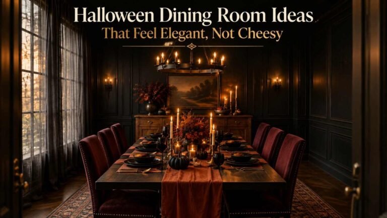 Dark, candlelit dining room set for Halloween with burgundy chairs, a black table runner, and a wrought-iron chandelier.