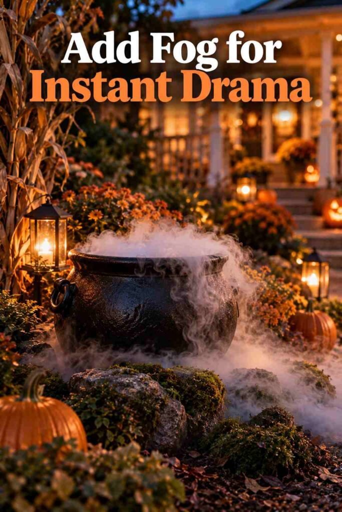 Halloween Yard Ideas to Turn Your Home Into the Neighborhood's Spookiest Showstopper 4 Black cauldron on mossy rocks with light fog curling around its base in a garden bed at dusk.