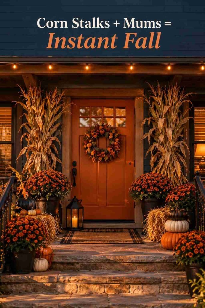 Front door framed with dried corn stalks, potted mums, and a black lantern.