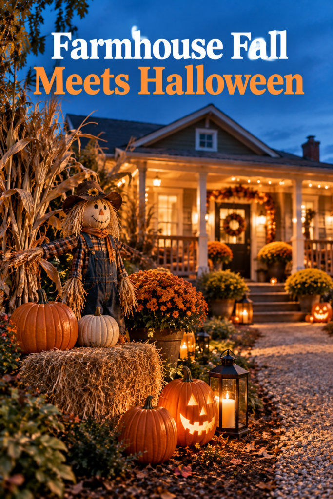 Halloween Yard Ideas to Turn Your Home Into the Neighborhood's Spookiest Showstopper 6 Hay bales, bundled cornstalks, and a dressed scarecrow arranged near a front walkway at dusk.