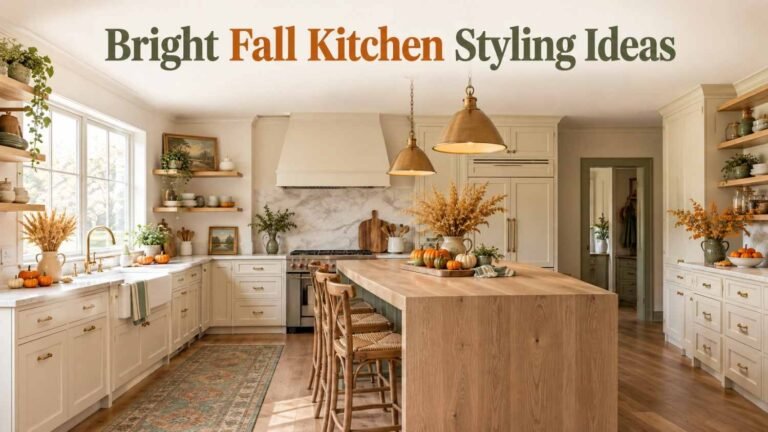 Bright farmhouse kitchen with cream cabinets, a wood island, and small pumpkins styled for Halloween kitchen decor.