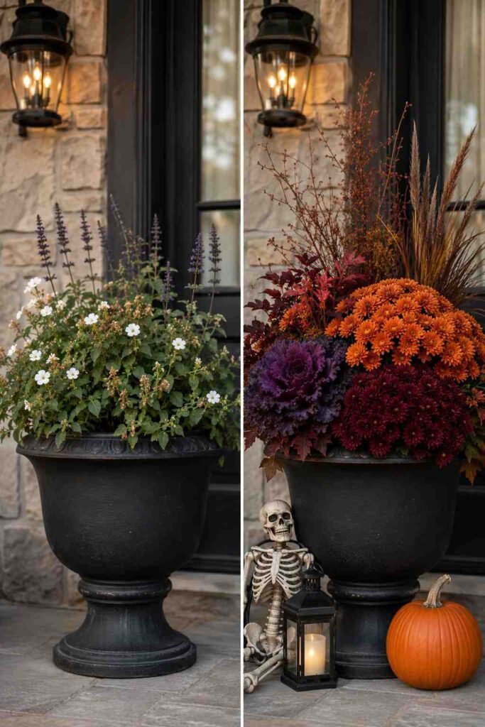 Halloween Planter Ideas to Turn Your Porch Into a Neighborhood Showstopper 2 Before and after transformation of a planter into a Halloween planter