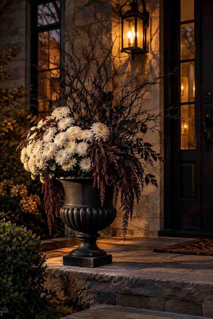 Halloween Planter Ideas to Turn Your Porch Into a Neighborhood Showstopper 12 Elegant black urn Halloween planter with color palette swatches