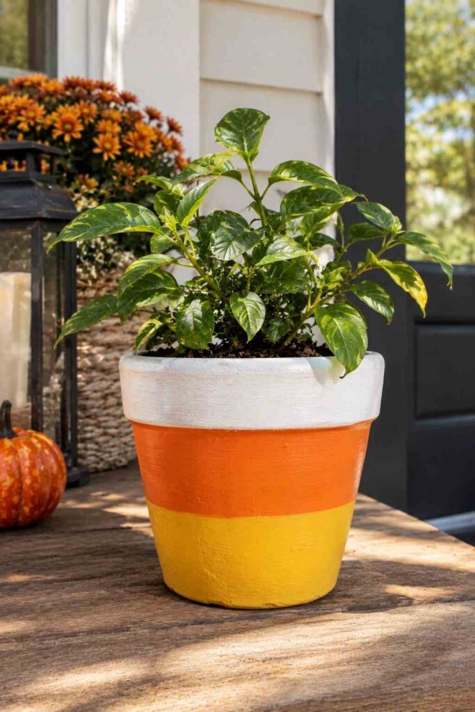 Halloween Planter Ideas to Turn Your Porch Into a Neighborhood Showstopper 15 Candy corn painted Halloween planter