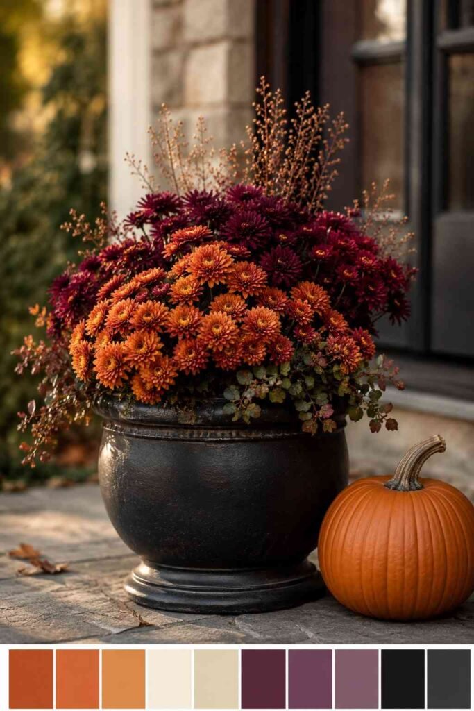 Halloween Planter Ideas to Turn Your Porch Into a Neighborhood Showstopper 3 Close-up of a Halloween planter filled with mums and a small pumpkin