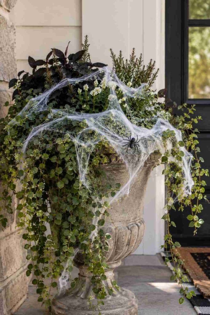 Halloween Planter Ideas to Turn Your Porch Into a Neighborhood Showstopper 14 Cobweb-draped Halloween planter with subtle spider accent