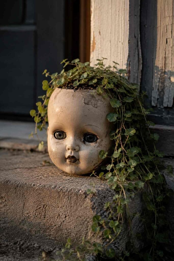 Halloween Planter Ideas to Turn Your Porch Into a Neighborhood Showstopper 6 Doll head Halloween planter with trailing vine