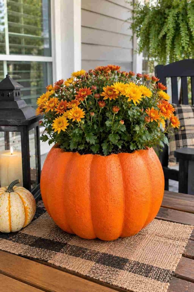Halloween Planter Ideas to Turn Your Porch Into a Neighborhood Showstopper 19 Foam pumpkin used as a Halloween planter