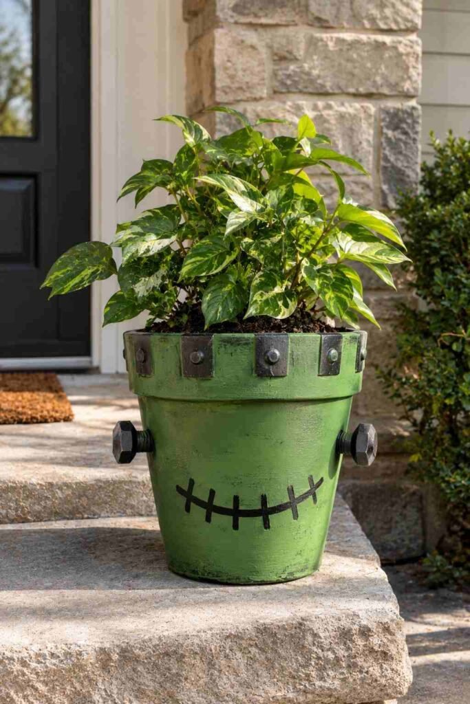 Halloween Planter Ideas to Turn Your Porch Into a Neighborhood Showstopper 16 Frankenstein-themed painted Halloween planter