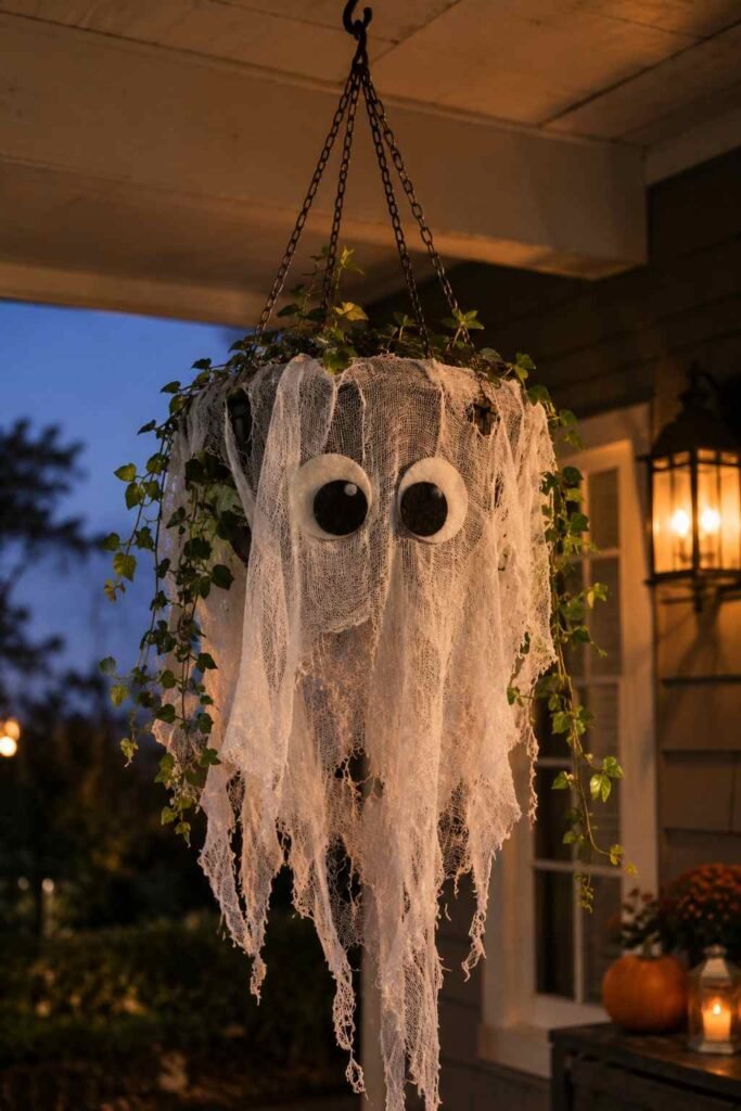 Halloween Planter Ideas to Turn Your Porch Into a Neighborhood Showstopper 11 Ghost hanging basket Halloween planter at dusk