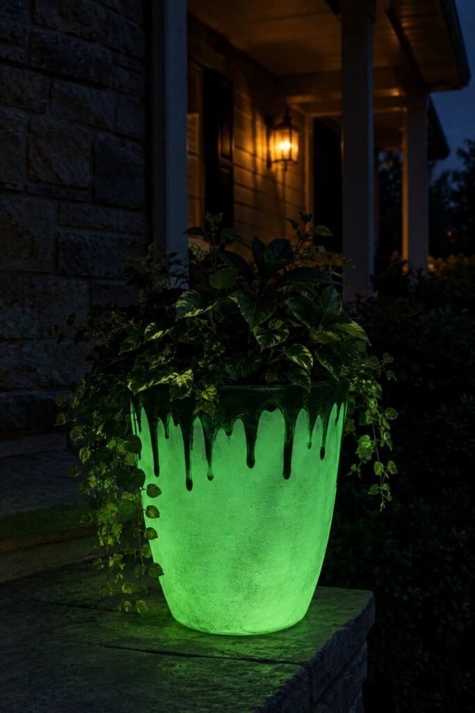 Halloween Planter Ideas to Turn Your Porch Into a Neighborhood Showstopper 17 Glow-in-the-dark Halloween planter at night