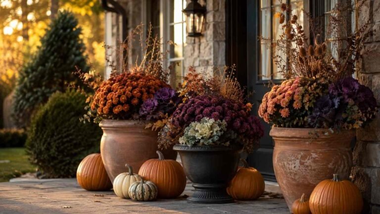 Halloween planters on a front porch with autumn color palette swatches