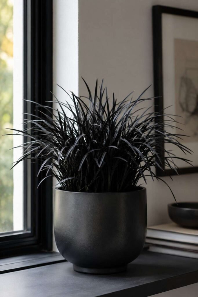 Halloween Planter Ideas to Turn Your Porch Into a Neighborhood Showstopper 5 Indoor Halloween planter with black mondo grass in a black pot