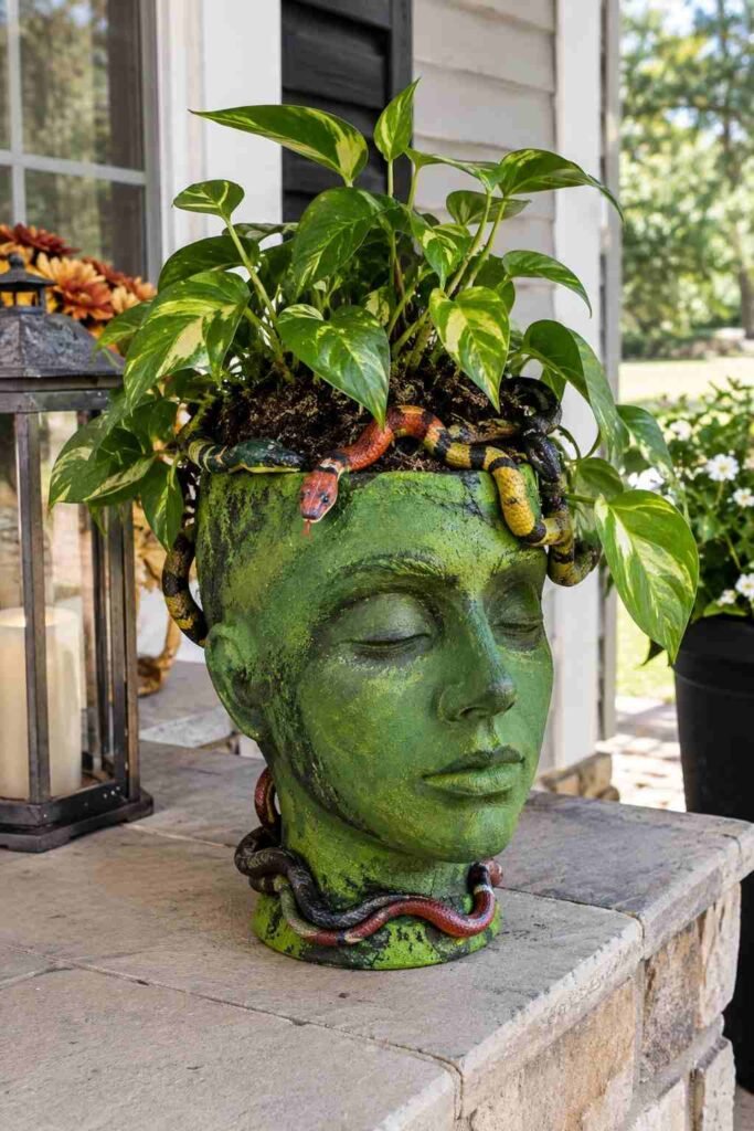 Halloween Planter Ideas to Turn Your Porch Into a Neighborhood Showstopper 10 Medusa-inspired Halloween planter with toy snakes"