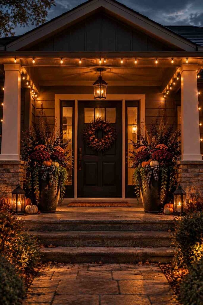 Halloween Planter Ideas to Turn Your Porch Into a Neighborhood Showstopper 20 Symmetrical Halloween planters styled on a porch with color palette swatches