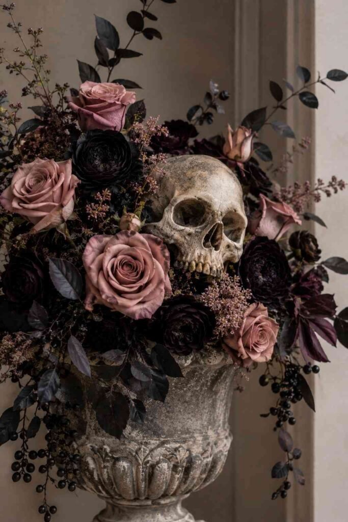 Halloween Planter Ideas to Turn Your Porch Into a Neighborhood Showstopper 13 Skull and rose Halloween planter with dark florals