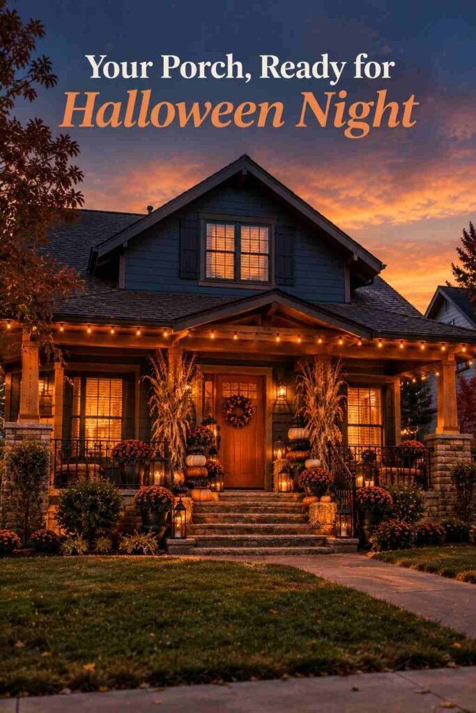 House facade at twilight with a glowing, fully decorated Halloween porch.
