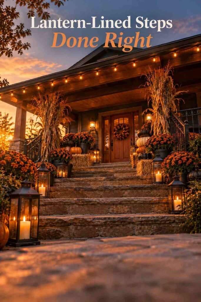 Stone porch steps lined with black lanterns leading up to a glowing front porch.