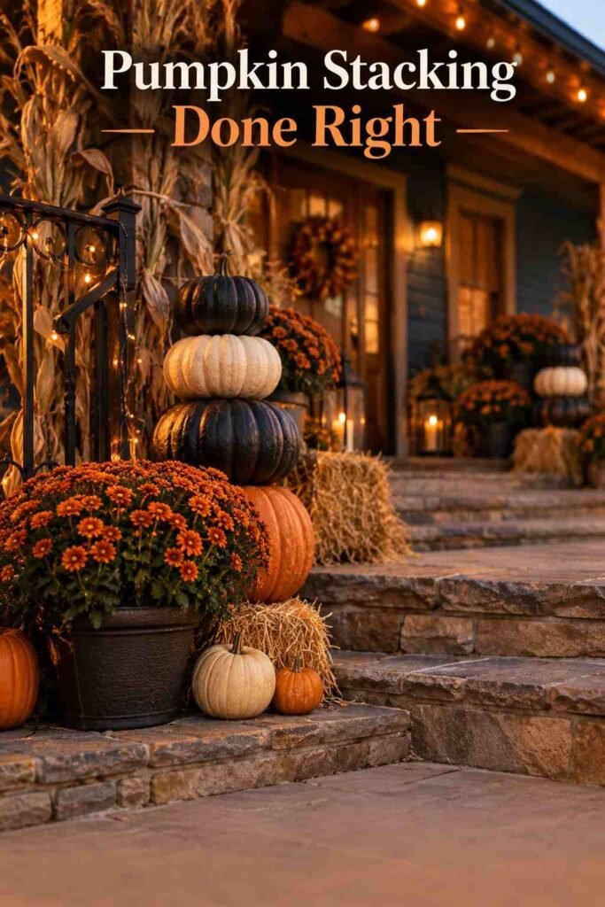 Close-up of black and natural pumpkins stacked by size on stone porch steps.