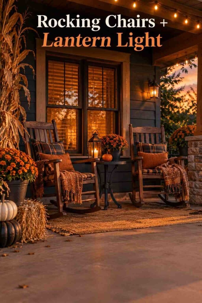 Wooden rocking chairs with a small accent table styled with a pumpkin and lantern.