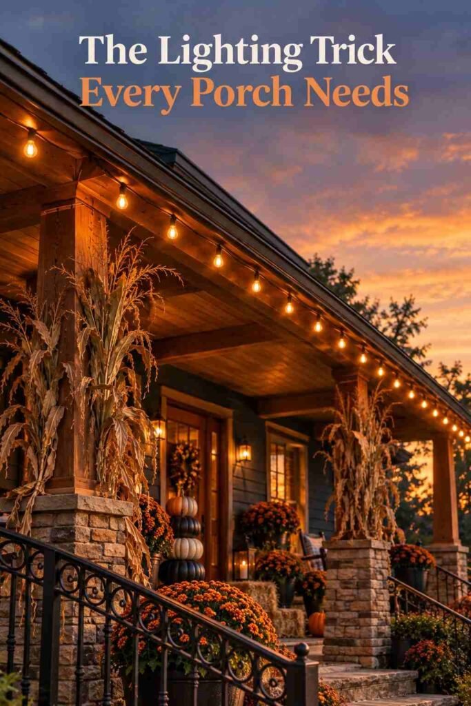 Warm string lights draped along a porch eave at twilight.