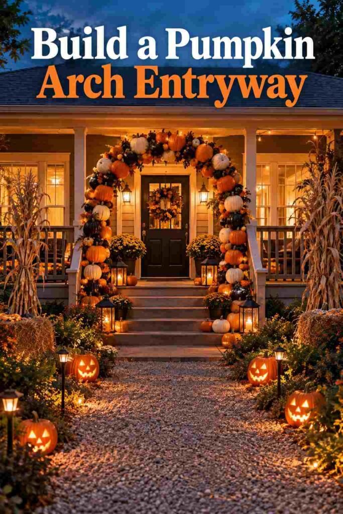 Halloween Yard Ideas to Turn Your Home Into the Neighborhood's Spookiest Showstopper 2 Stacked white, orange, and black pumpkins forming an arch over front porch steps at dusk.