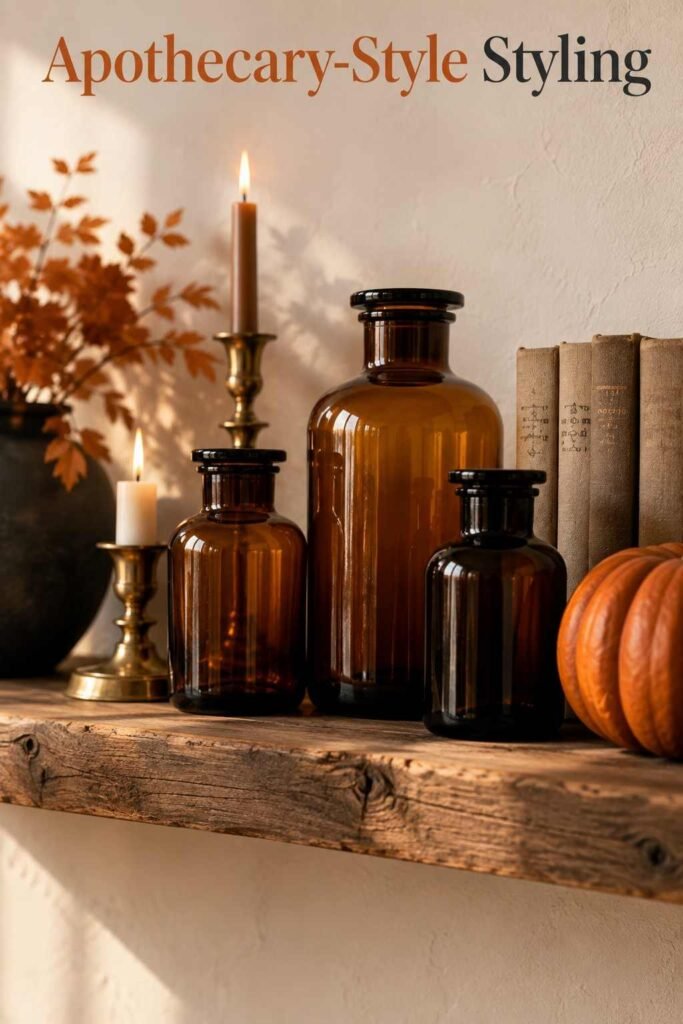 Close-up of amber glass jars and a brass candle holder clustered on a wooden shelf.
