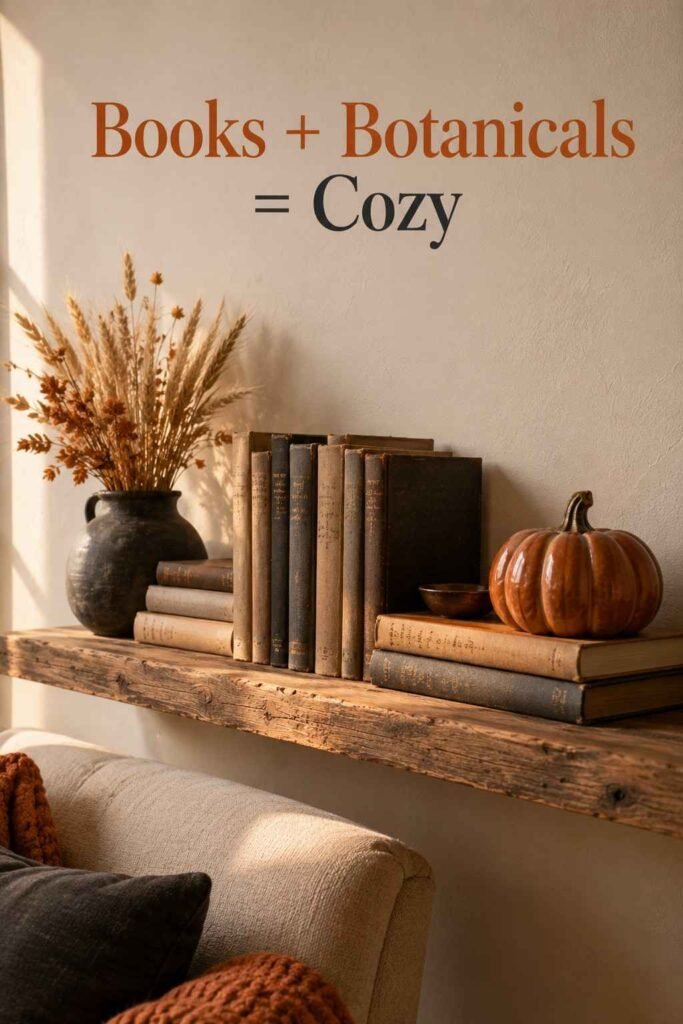 Angled view of stacked linen books, a ceramic pumpkin, and dried wheat stems on a wooden shelf beside an armchair.
