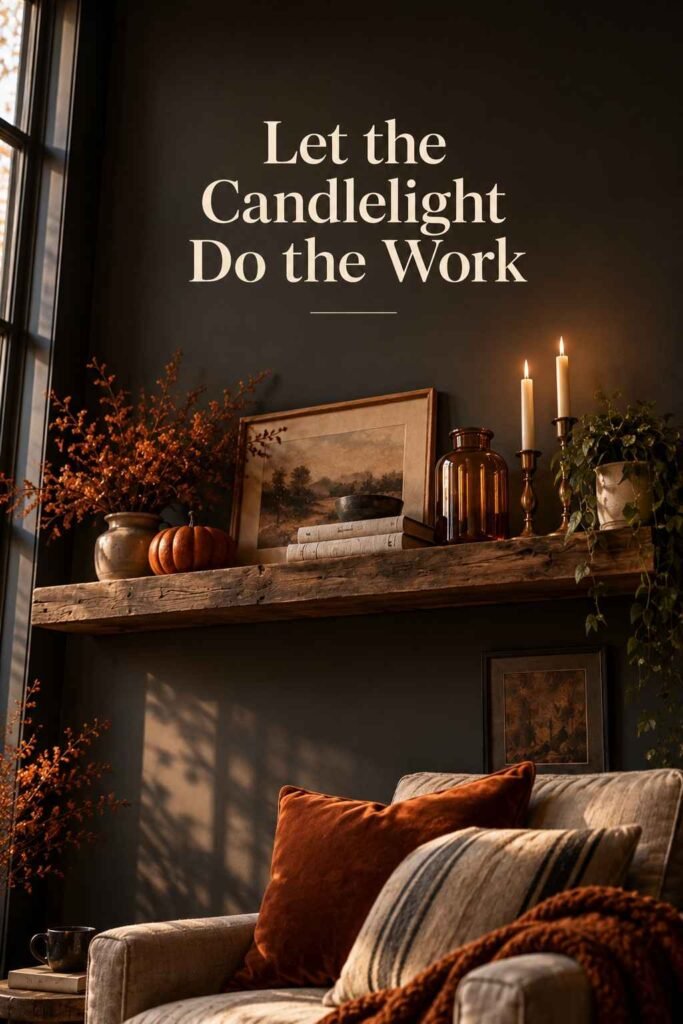 Low-angle view of a wooden shelf with glowing candles casting soft shadows.