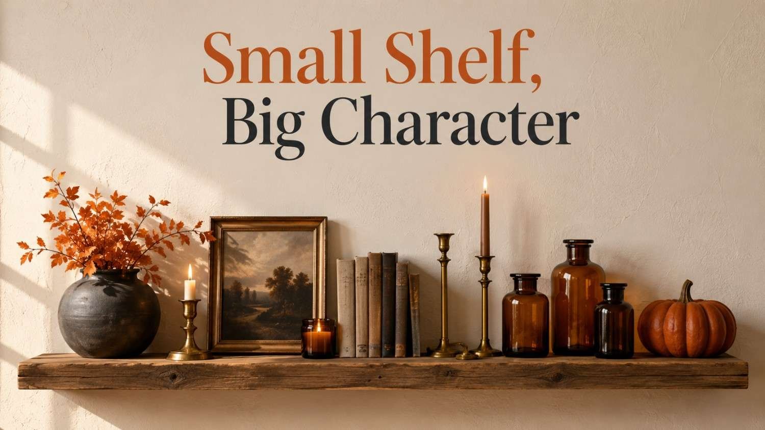 Wooden floating shelf styled with amber glass jars, candles, books, and a ceramic pumpkin in warm afternoon light.