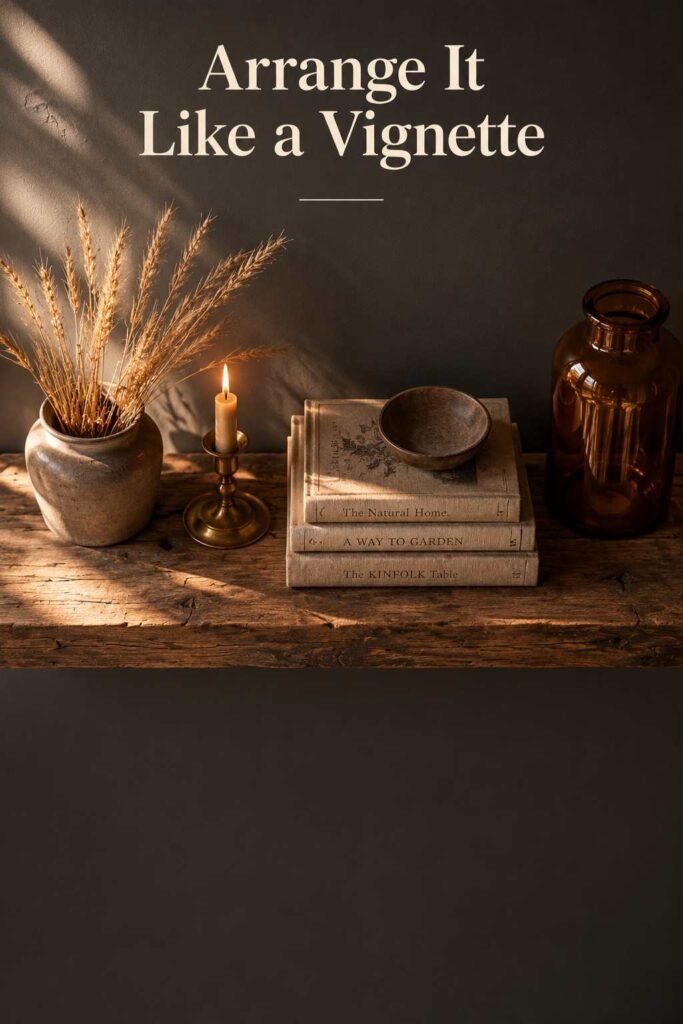Overhead view of a wooden shelf arranged with a jar, candle, books, and dried florals.