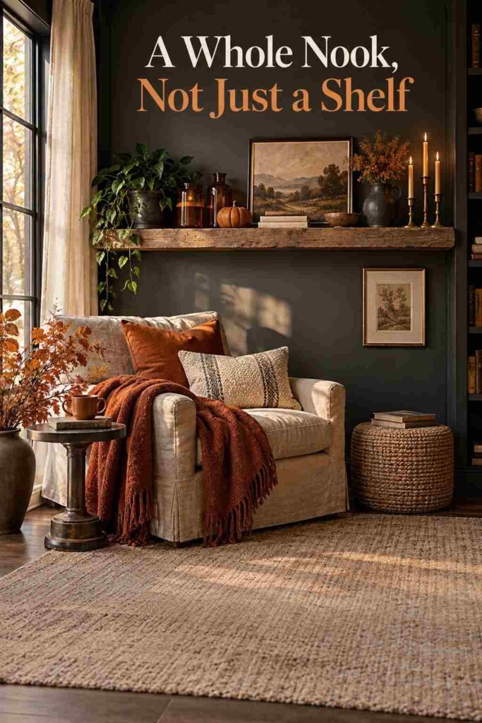 Wide view of a reading nook with a styled floating shelf above a linen armchair.