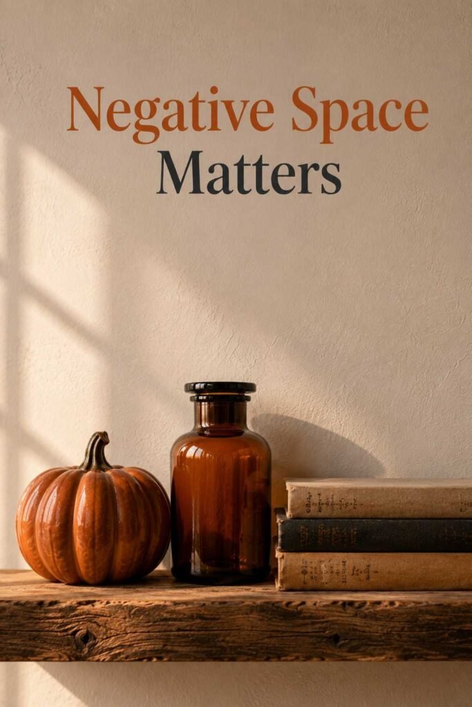 Top shelf styled sparingly with a ceramic pumpkin, one glass jar, and a small book stack.