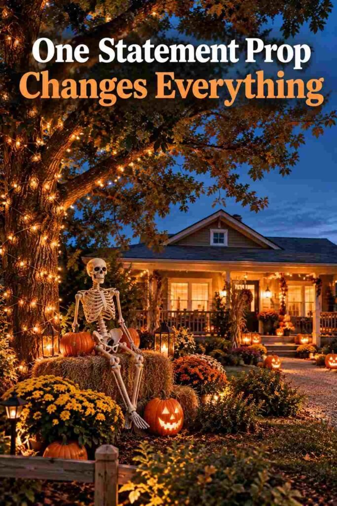 Halloween Yard Ideas to Turn Your Home Into the Neighborhood's Spookiest Showstopper 5 Life-sized skeleton prop standing under an oak tree wrapped in warm string lights at dusk.