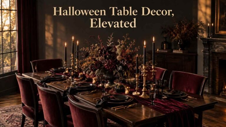 Dark wood dining table set with black taper candles, burgundy runner, and dried floral centerpiece for Halloween.