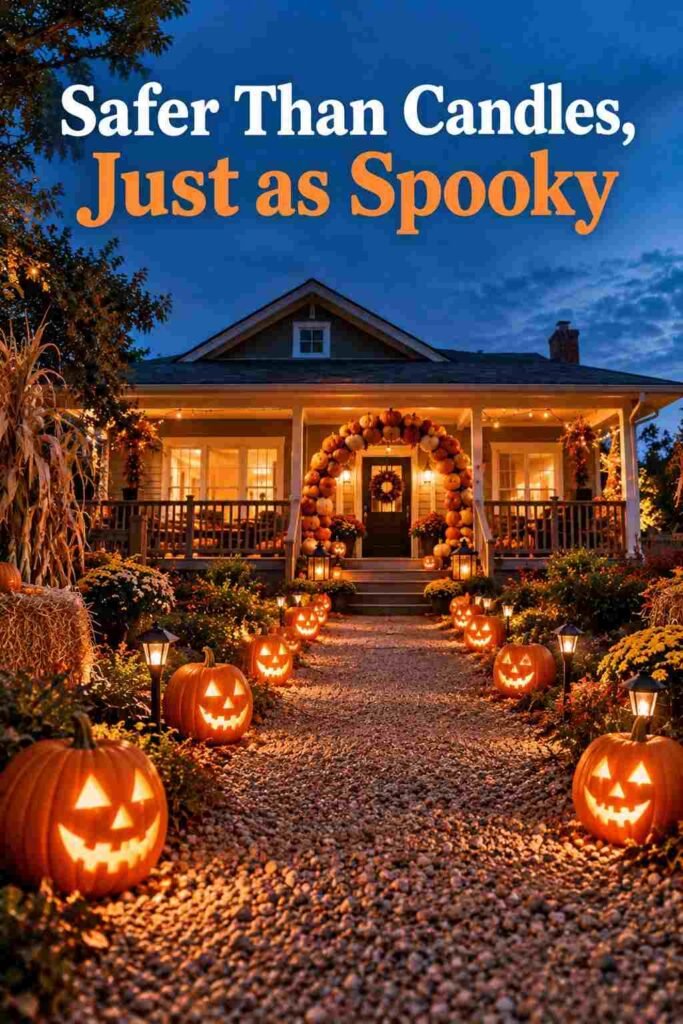 Halloween Yard Ideas to Turn Your Home Into the Neighborhood's Spookiest Showstopper 3 Gravel walkway lined with glowing carved jack-o'-lanterns leading to a porch at dusk.