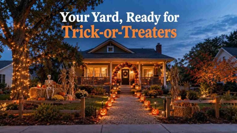 Front yard decorated for Halloween at dusk with a pumpkin arch, glowing jack-o'-lanterns along a walkway, and string lights in an oak tree.