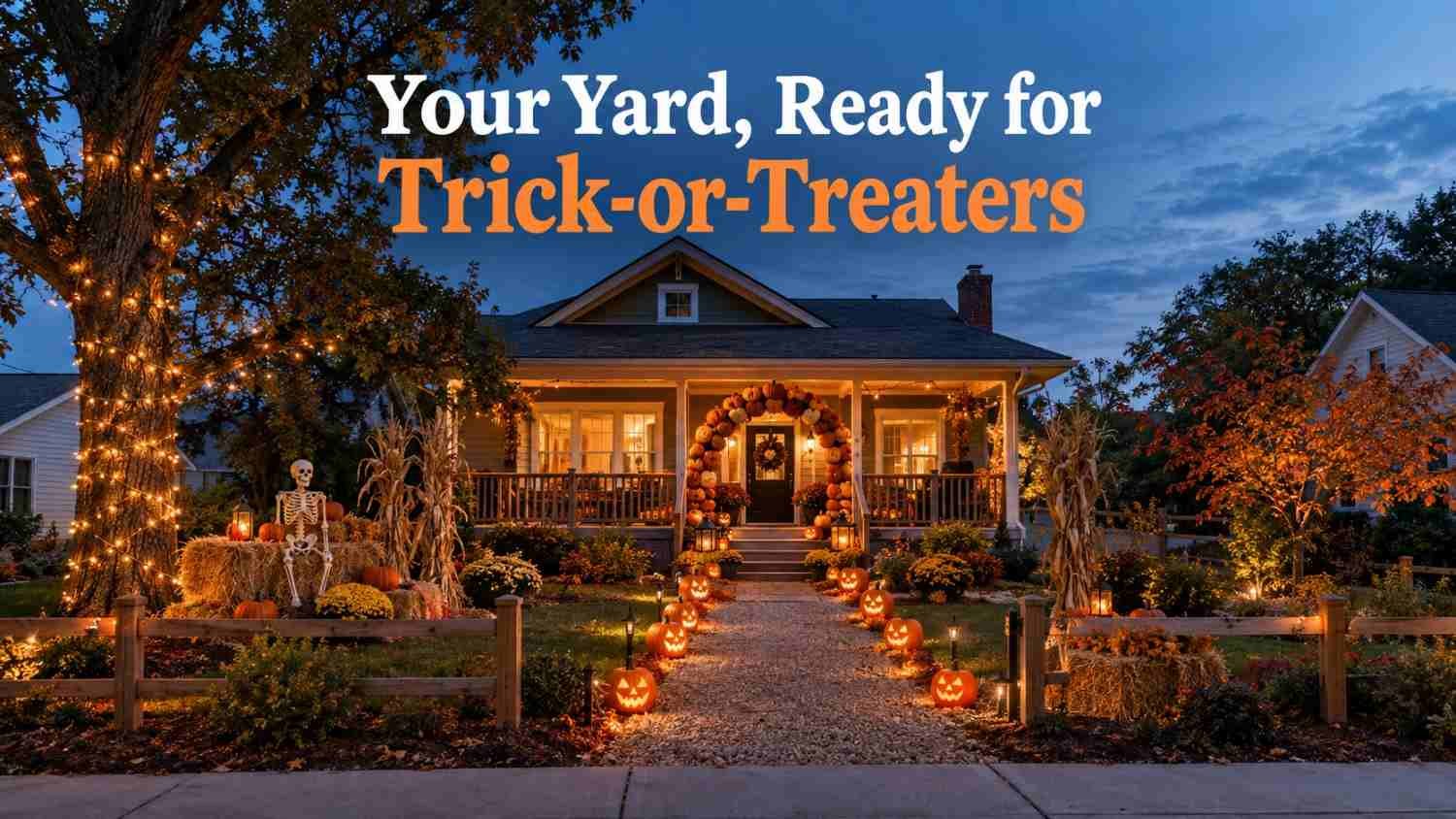 Front yard decorated for Halloween at dusk with a pumpkin arch, glowing jack-o'-lanterns along a walkway, and string lights in an oak tree.