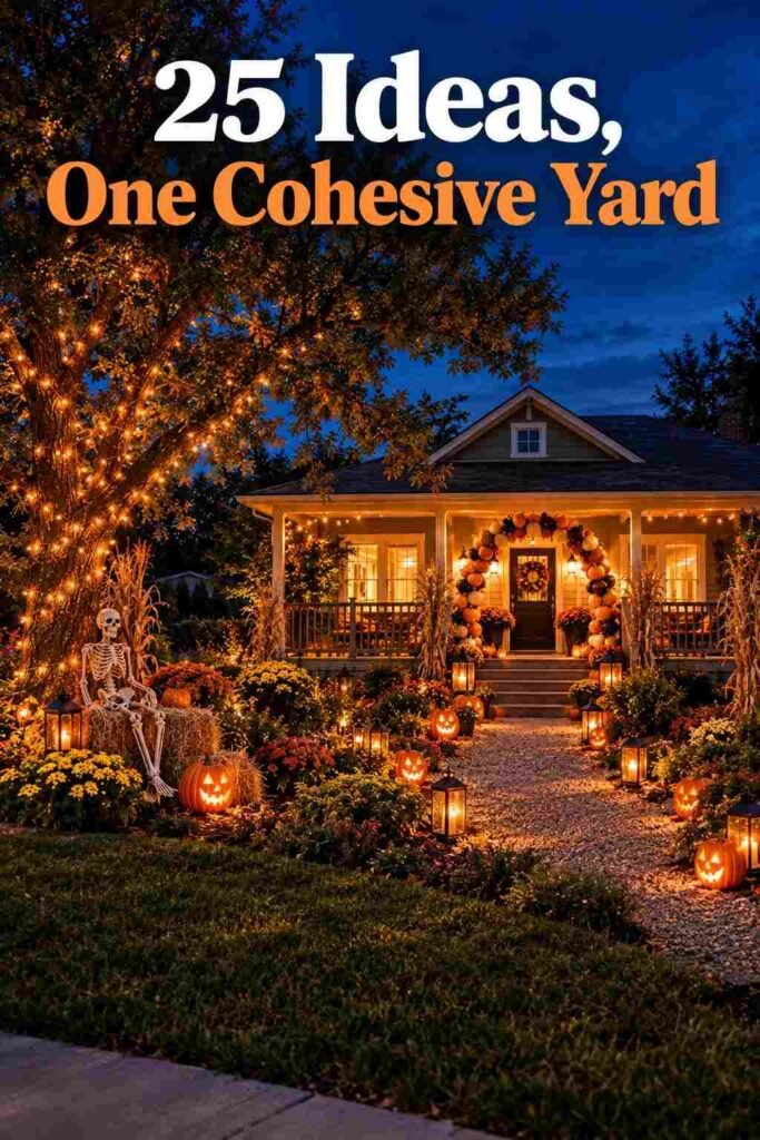 Halloween Yard Ideas to Turn Your Home Into the Neighborhood's Spookiest Showstopper 7 Fully decorated Halloween front yard glowing under a deep twilight sky, showing the pumpkin arch, lit walkway, and string-lit tree together.
