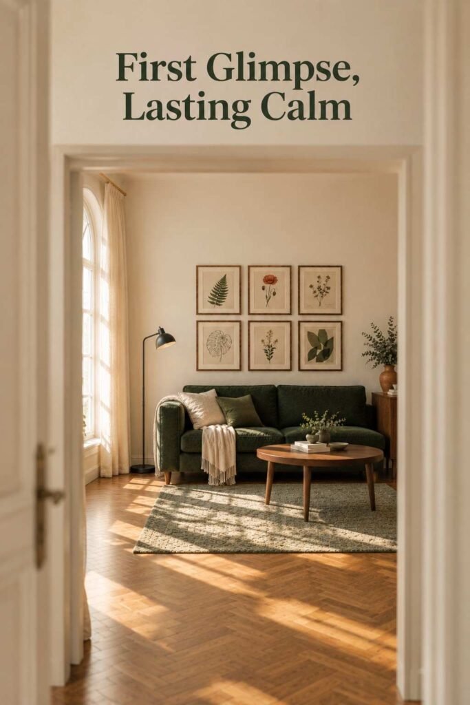 View through a doorway into a living room with a green sofa and a grid of framed plant prints on the far wall.