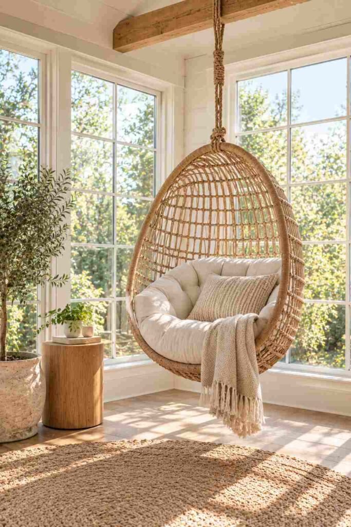 Hanging egg chair as a statement piece of indoor sunroom furniture